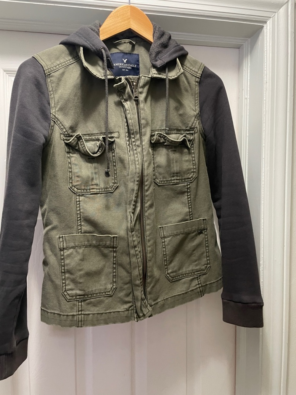 American Eagle Outfitters Olive Green Utility Jean Jacket with Charcoal Sleeves
